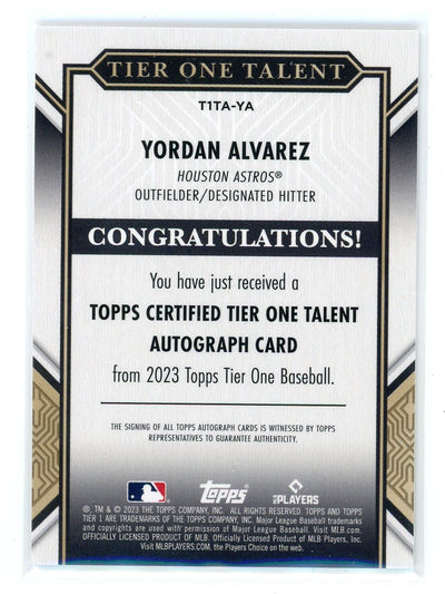 Yordan Alvarez 2023 Topps Tier 1 autograph #'d 013/149