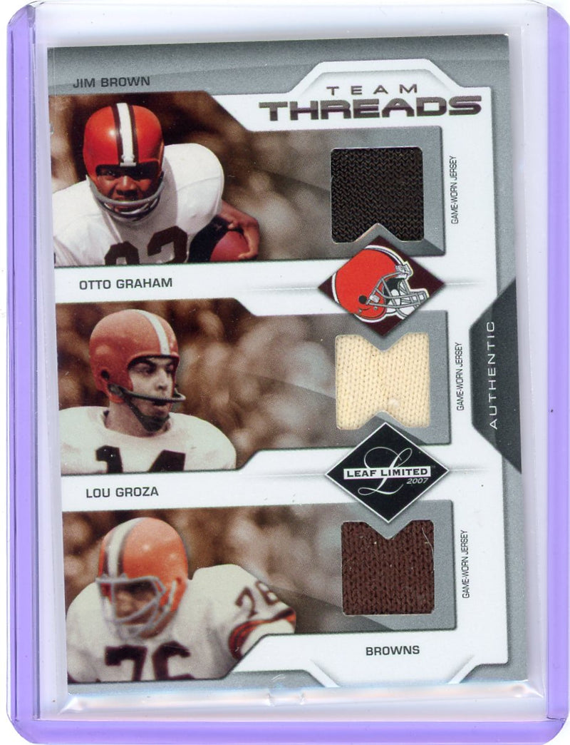 Jim Brown Otto Graham Lou Groza 2007 Donruss Leaf Limited Team Threads game-used triple relic 