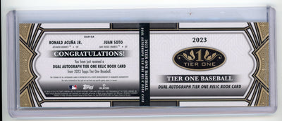 Soto / Acuna Jr. 2023 Topps Tier 1 Dual Autograph Relic Book Card #'d 06/10