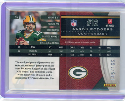 Aaron Rodgers 2010 Panini Limited game-used jersey relic #'d 145/199