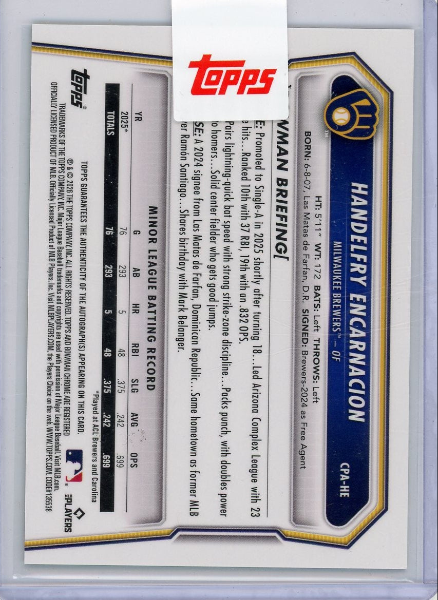Handelfry Encarnacion 2026 Bowman Chrome 1st Bowman Packfractor Auto #'d 43/89