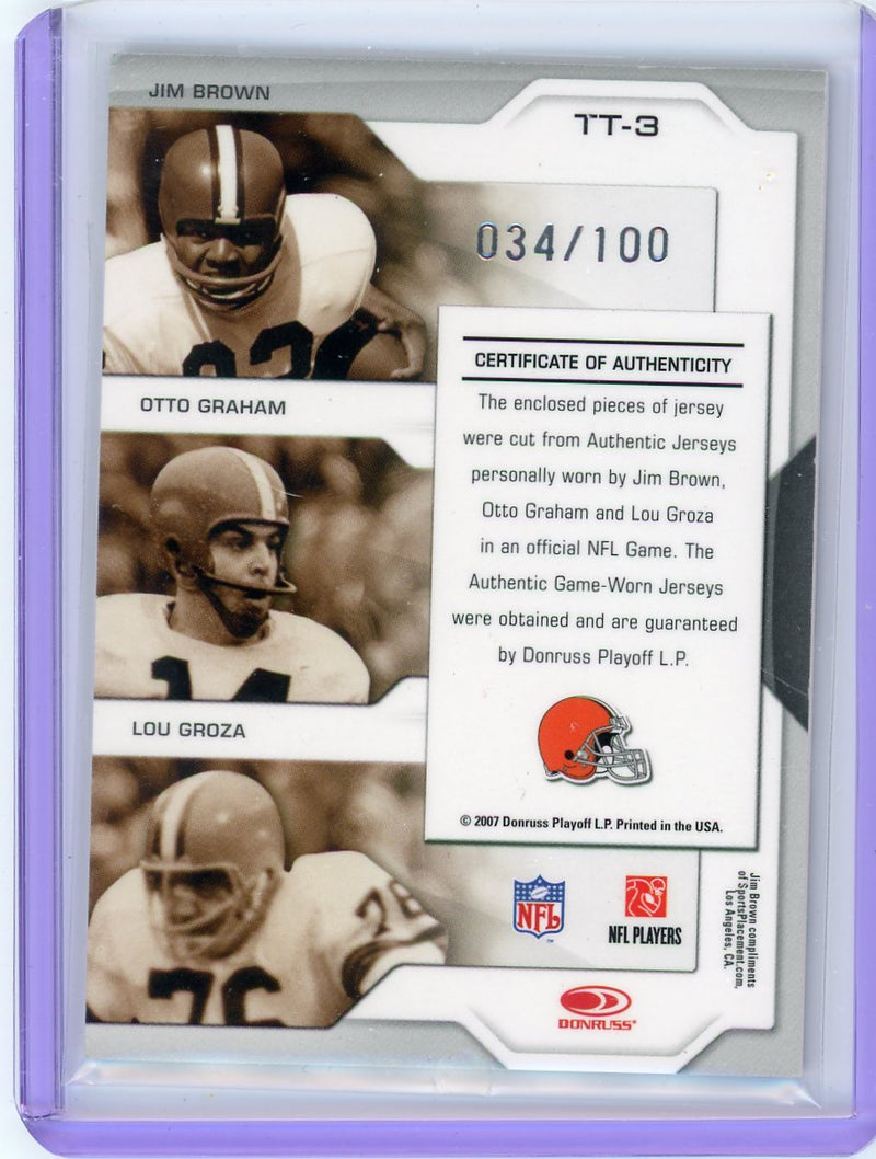 Jim Brown Otto Graham Lou Groza 2007 Donruss Leaf Limited Team Threads game-used triple relic 