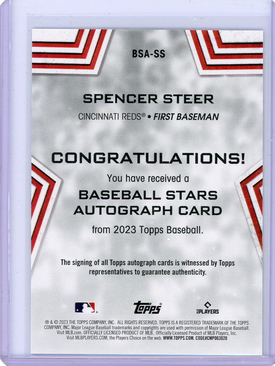 Spencer Steer 2023 Topps Baseball Stars autograph rookie card