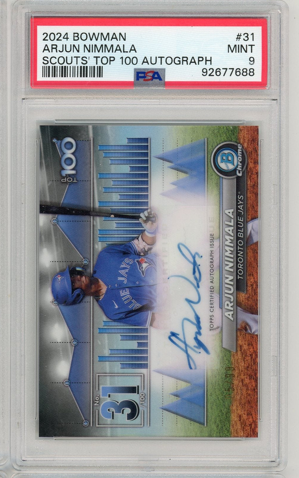 Arjun Nimmala 2024 Bowman Scouts' Top 100 autograph #'d 05/99 PSA 9