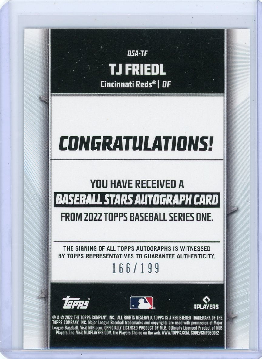 TJ Friedl 2022 Topps Series 1 Baseball Stars autograph rookie card #'d 166/199