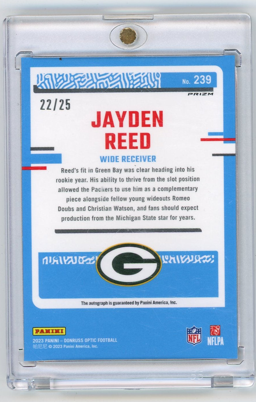 Jayden Reed 2023 Panini Donruss Optic autograph black pandora prizm #'d 22/25
