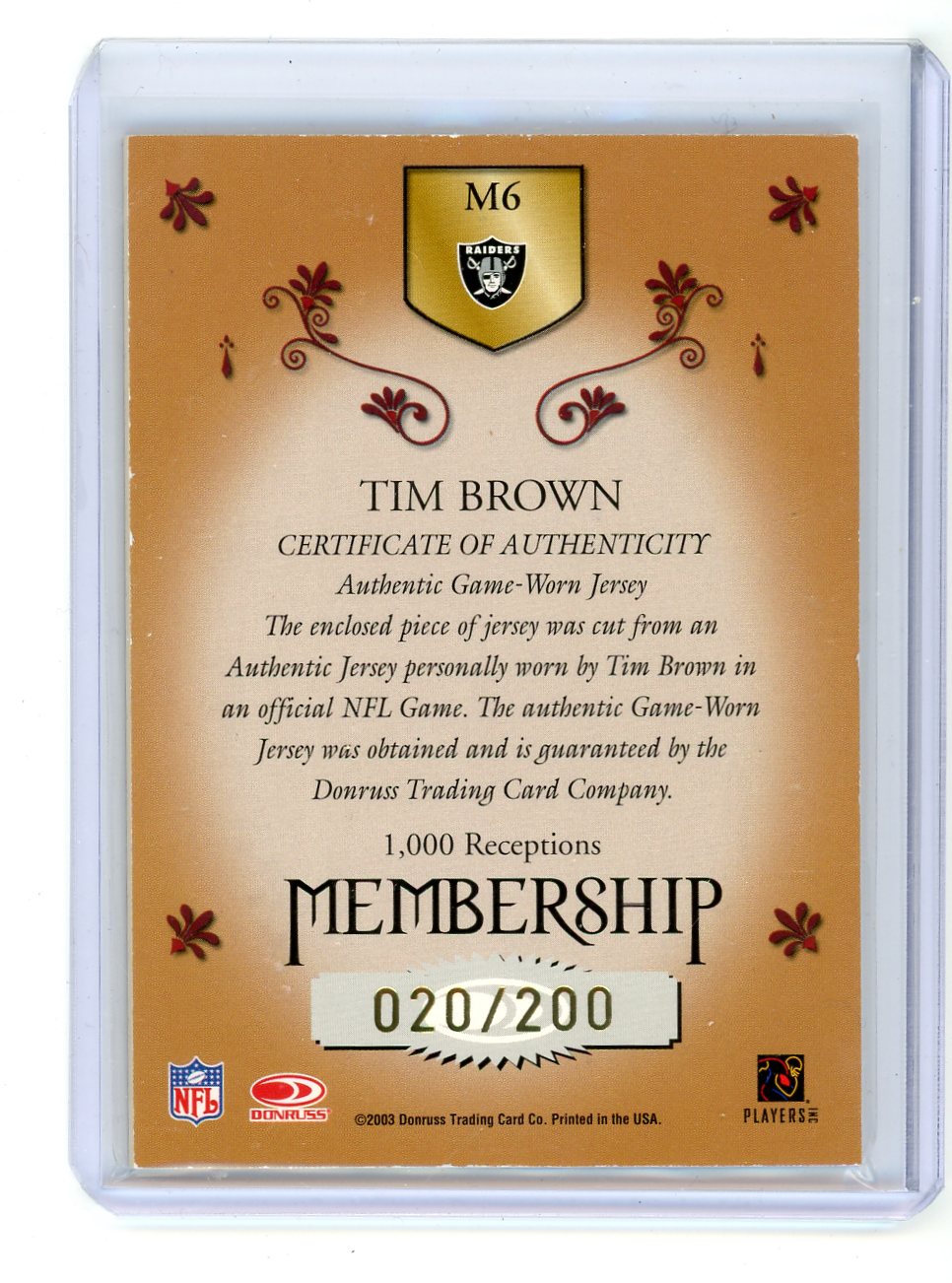 Tim Brown 2003 Donruss Classics V.I.P Membership GU Patch #'d 020/200