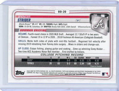 Spencer Strider 2020 1st Bowman Draft 1st Edition paper