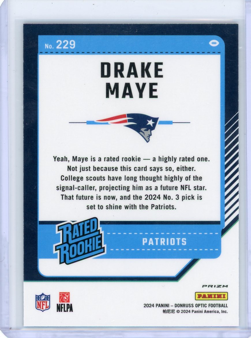 Drake Maye 2024 Panini Donruss Optic Rated Rookie Purple Shock Prizm