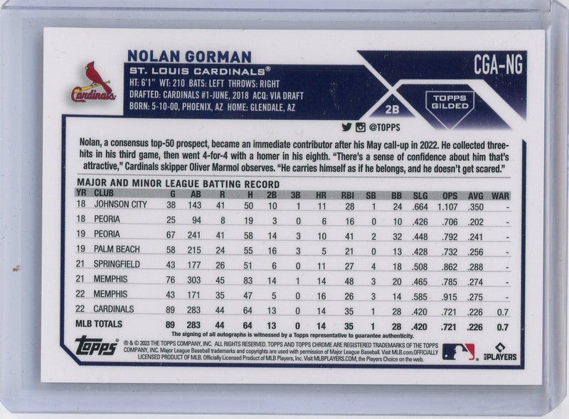 Nolan Gorman 2023 Topps Chrome Gilded autograph rookie card 