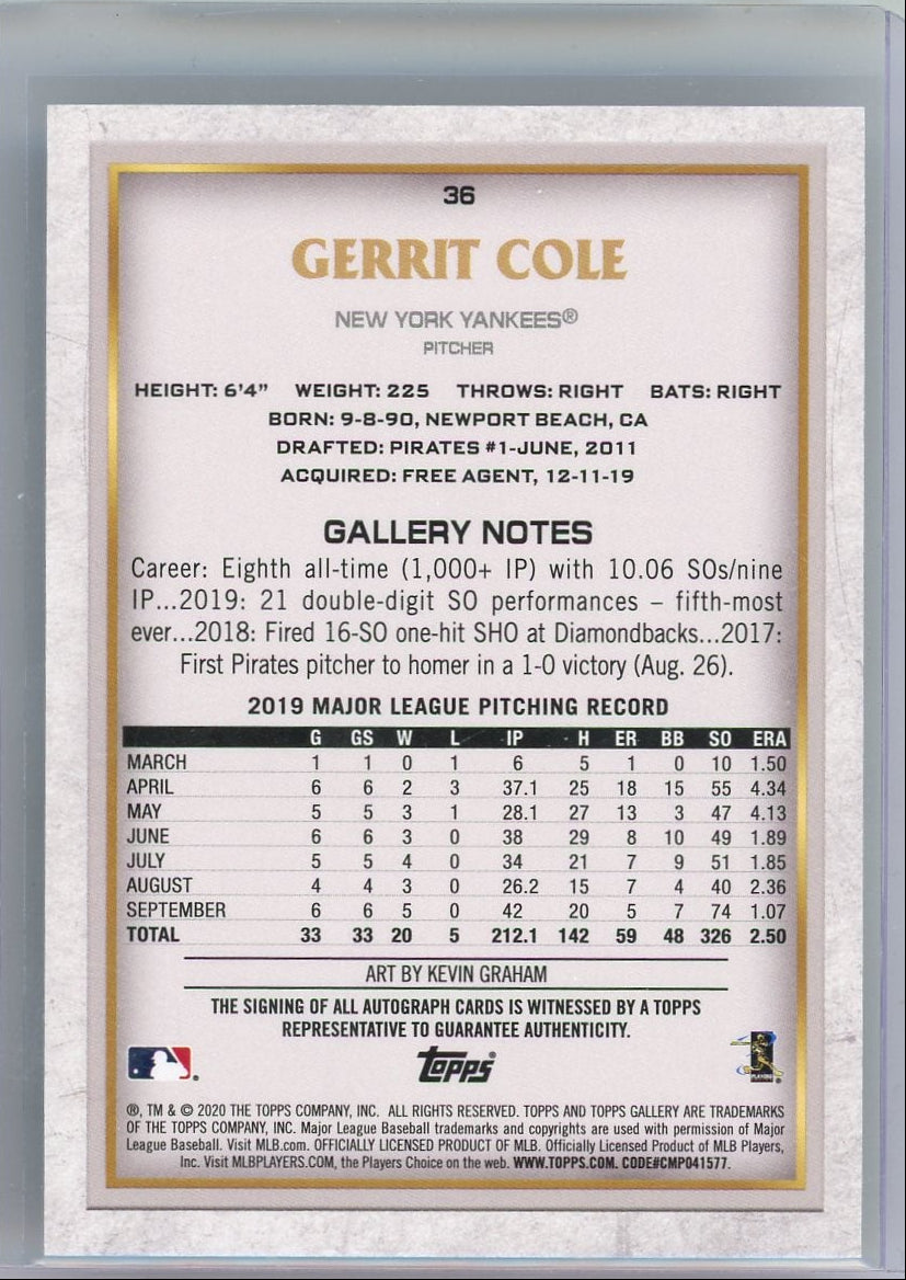 Gerrit Cole 2020 Topps Gallery Autograph #36