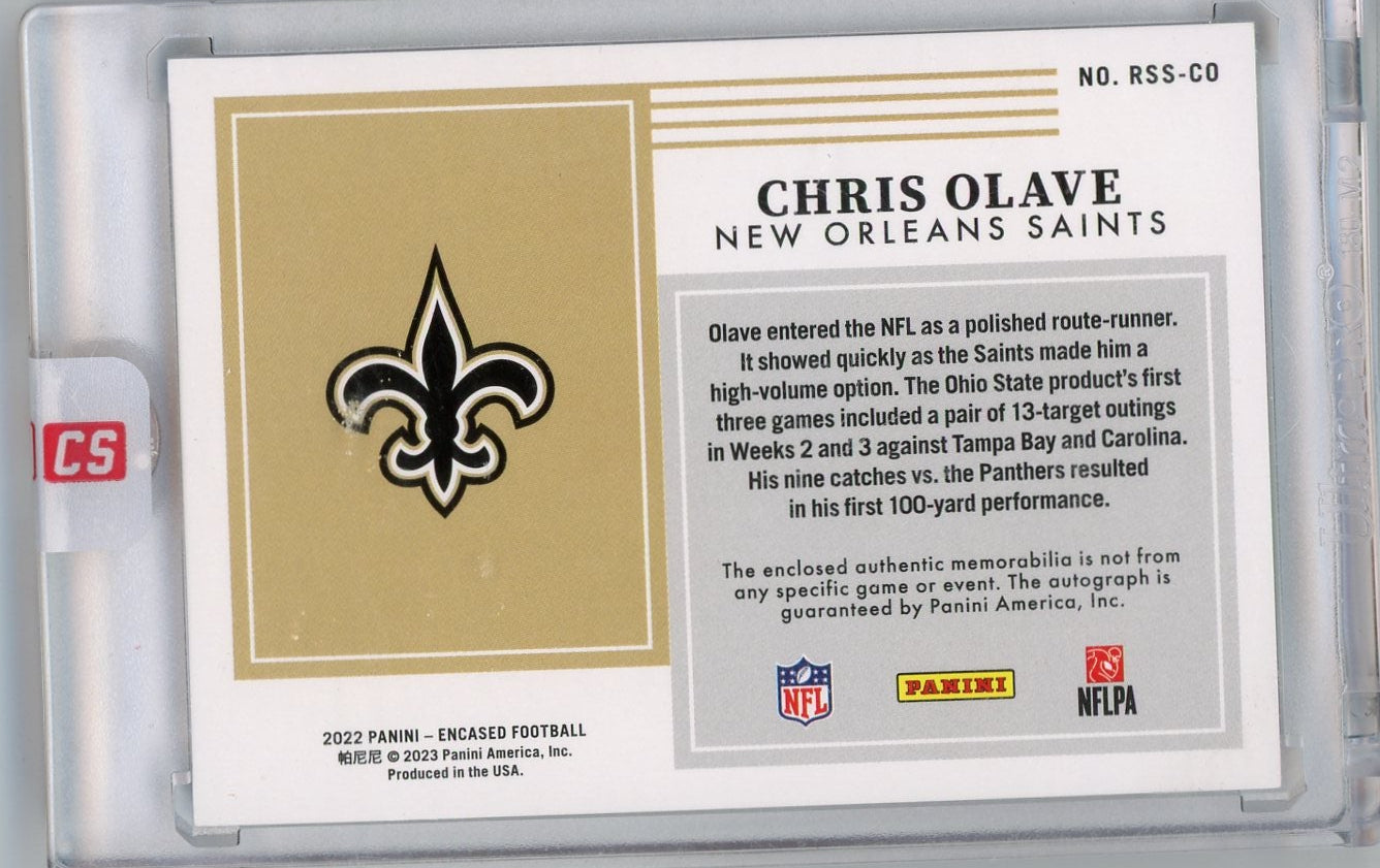 Chris Olave 2022 Panini Encased Rookie Dual Swatch Signatures #'d 4/5