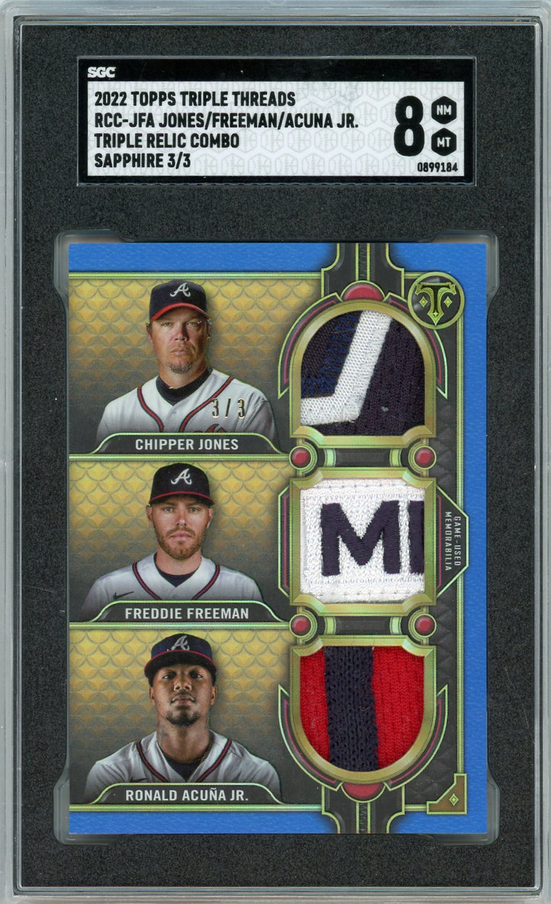 C Jones F Freeman R Acuna Jr. 2022 Topps Triple Threads triple relic sapphire blue 