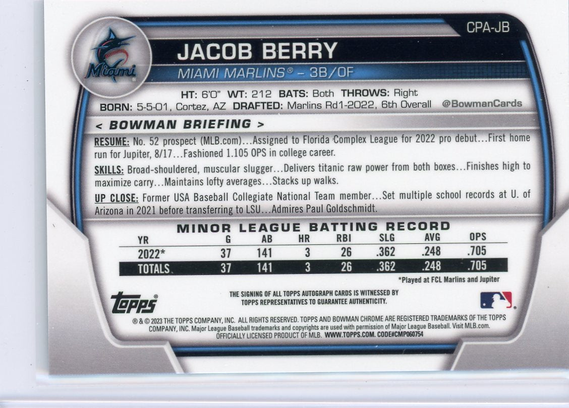 Jacob Berry 2023 1st Bowman Chrome autograph