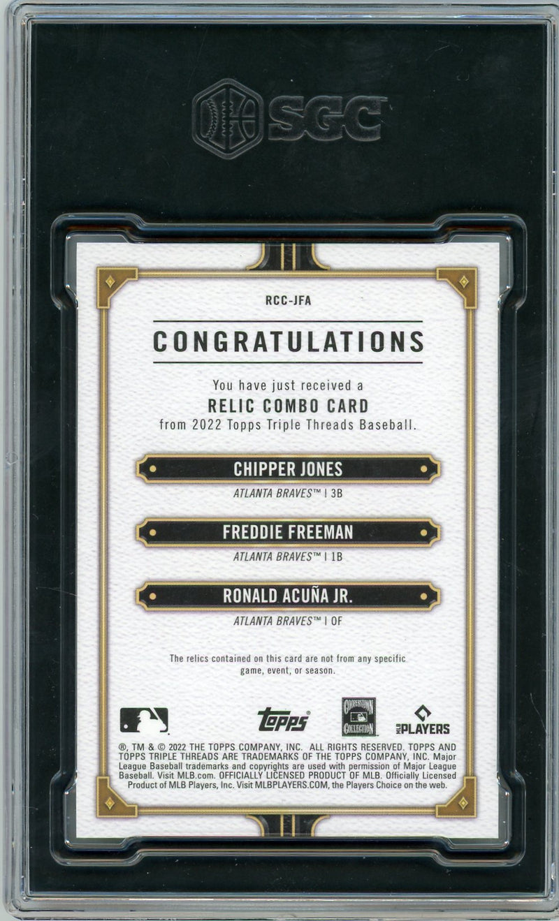 C Jones F Freeman R Acuna Jr. 2022 Topps Triple Threads triple relic sapphire blue 