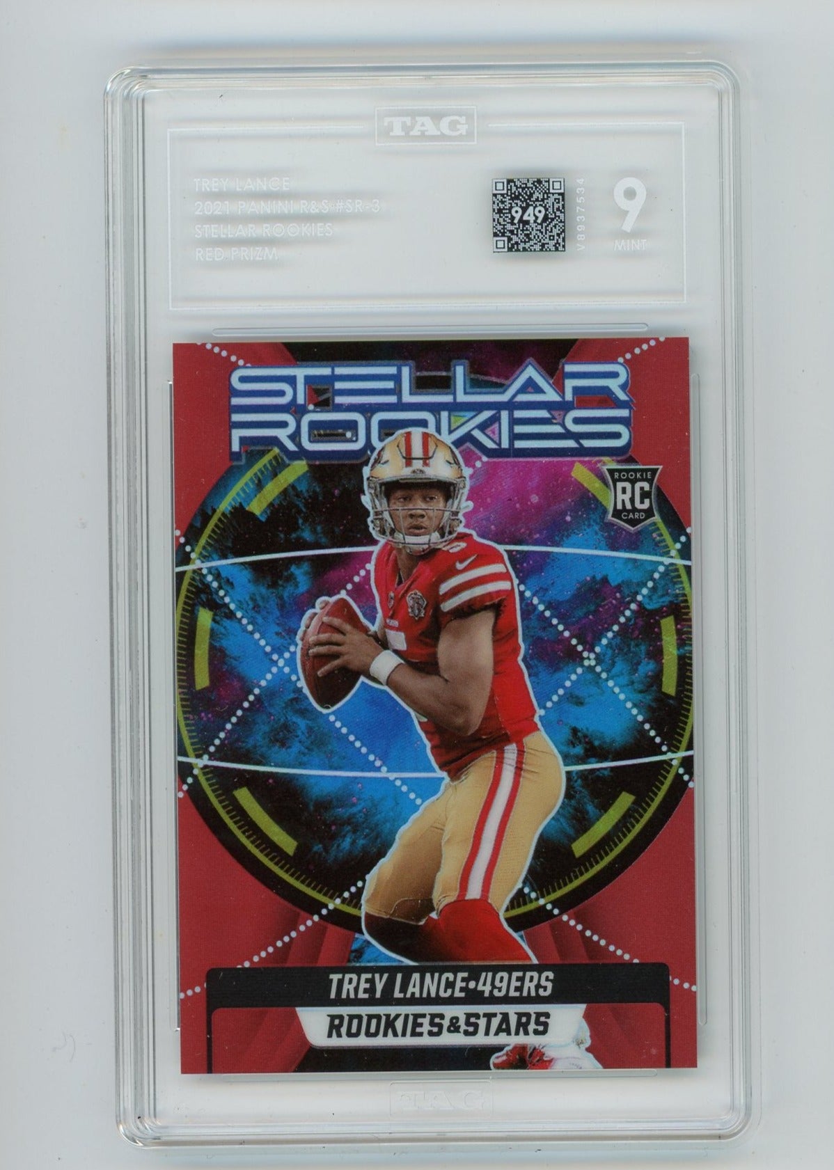Trey Lance 2021 Panini Rookies & Stars Stellar Rookies red prizm rookie card #'d 84/99 TAG 9