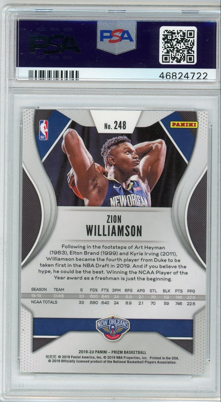 Zion Williamson 2019 Panini Prizm Rookie Card PSA 10
