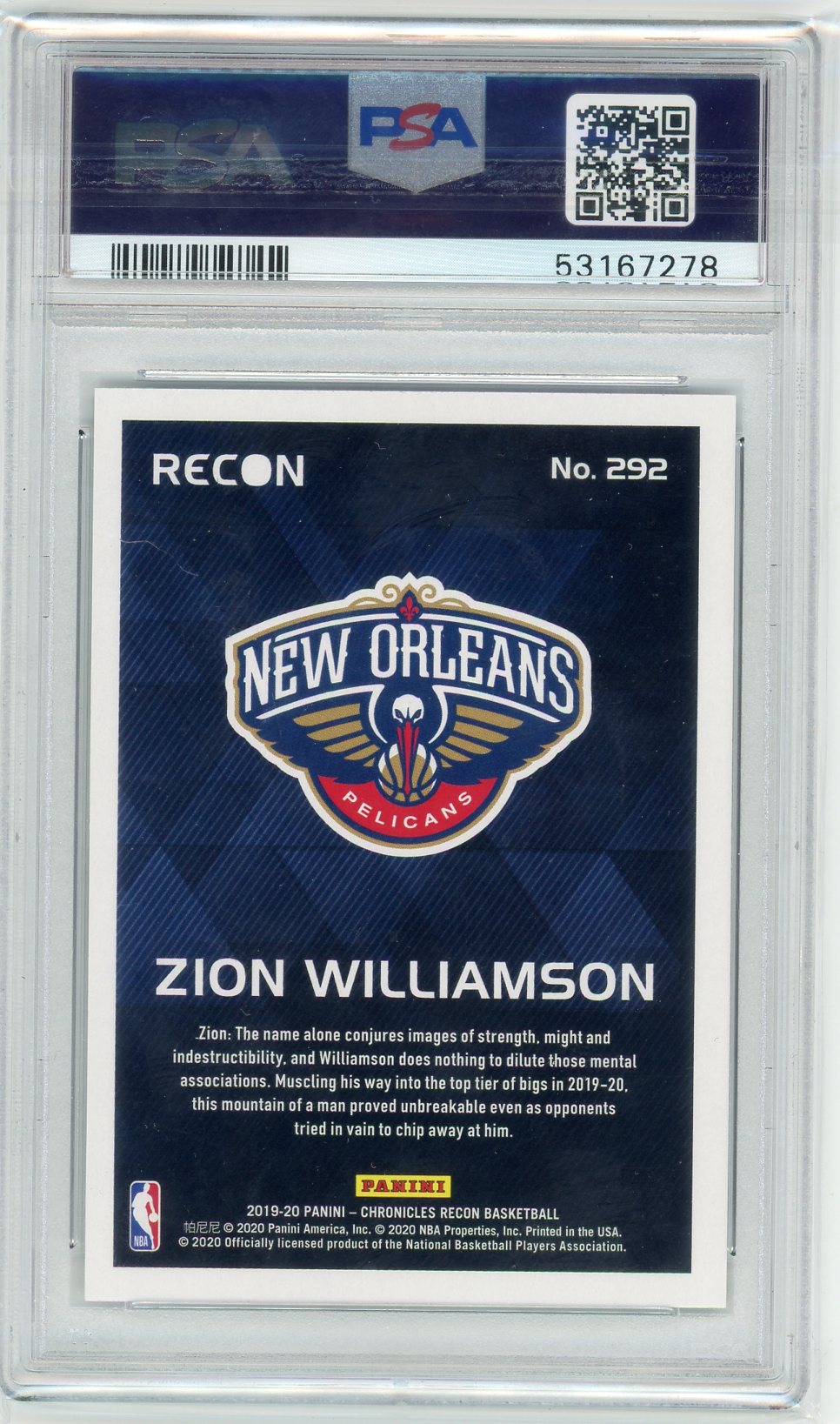 Zion Williamson 2019 Panini Chronicles #292 Rookie Card PSA 10