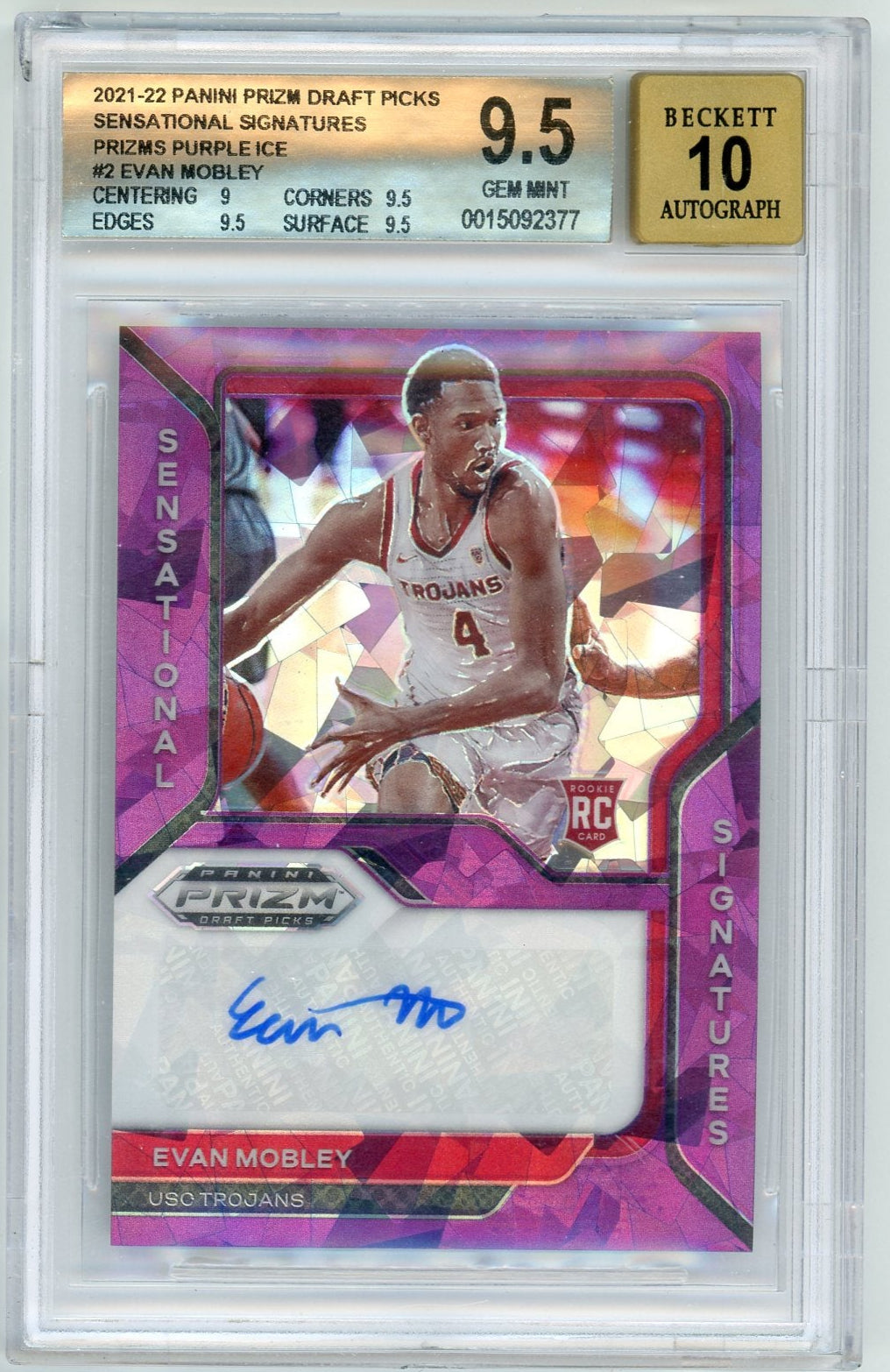 Evan Mobley 2021-22 Panini Prizm Draft Picks Sensational Signatures purple ice #'d 03/29 BGS 9.5 10 AUTO