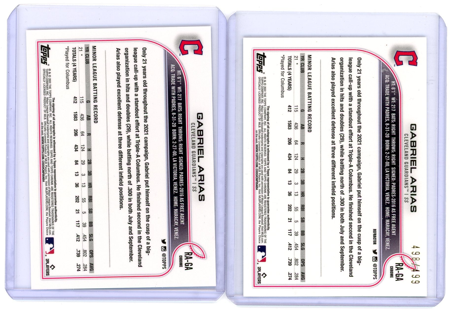 Gabriel Arias 2022 Topps Chrome 2x autograph lot (base + ref. /499)