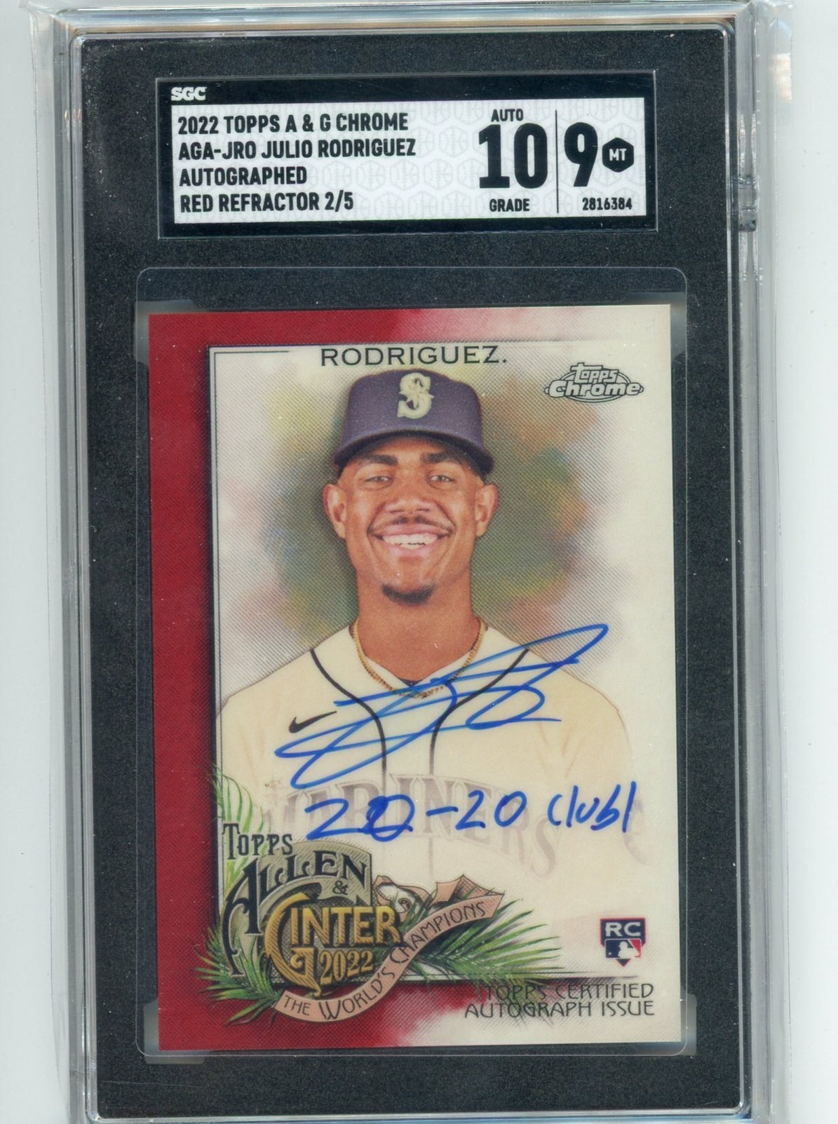 Julio Rodriguez 2022 Topps Chrome Allen & Ginter red refractor autograph #'d 2/5 (20-20 Club inscription) SGC 9
