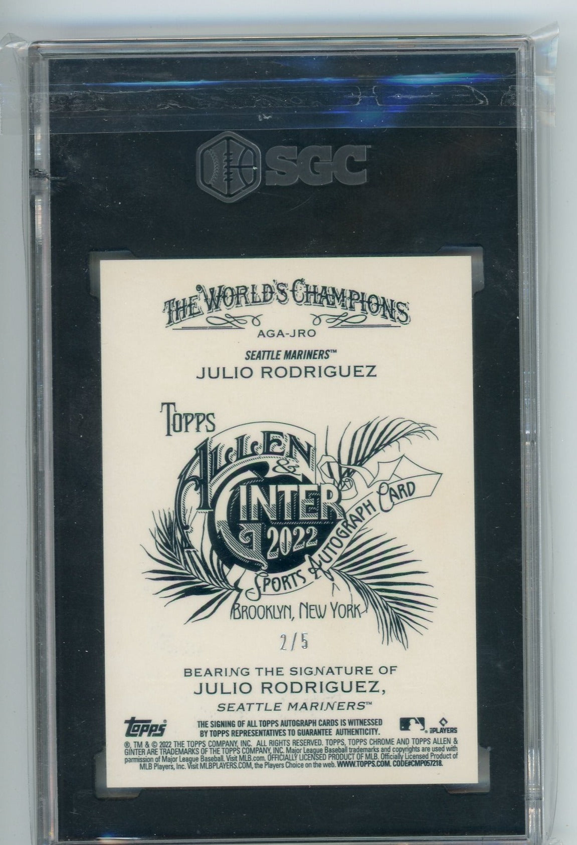 Julio Rodriguez 2022 Topps Chrome Allen & Ginter red refractor autograph #'d 2/5 (20-20 Club inscription) SGC 9