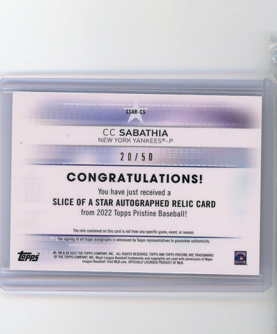 CC Sabathia 2022 Topps Pristine Slice of a Star autograph relic #'d 20/50