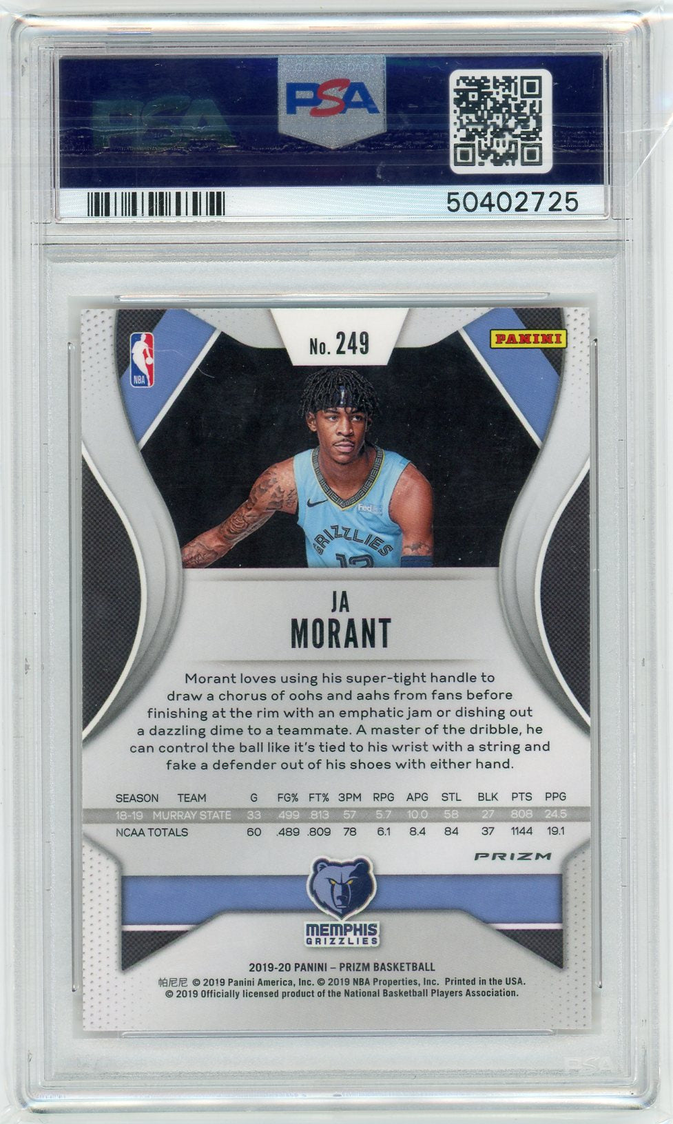 Ja Morant 2019 Panini Prizm Orange Ice Prizm Rookie Card PSA 9