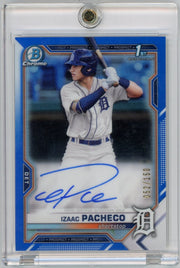 Izaac Pacheco 2021 1st Bowman Chrome autograph blue ref. #'d 052/150