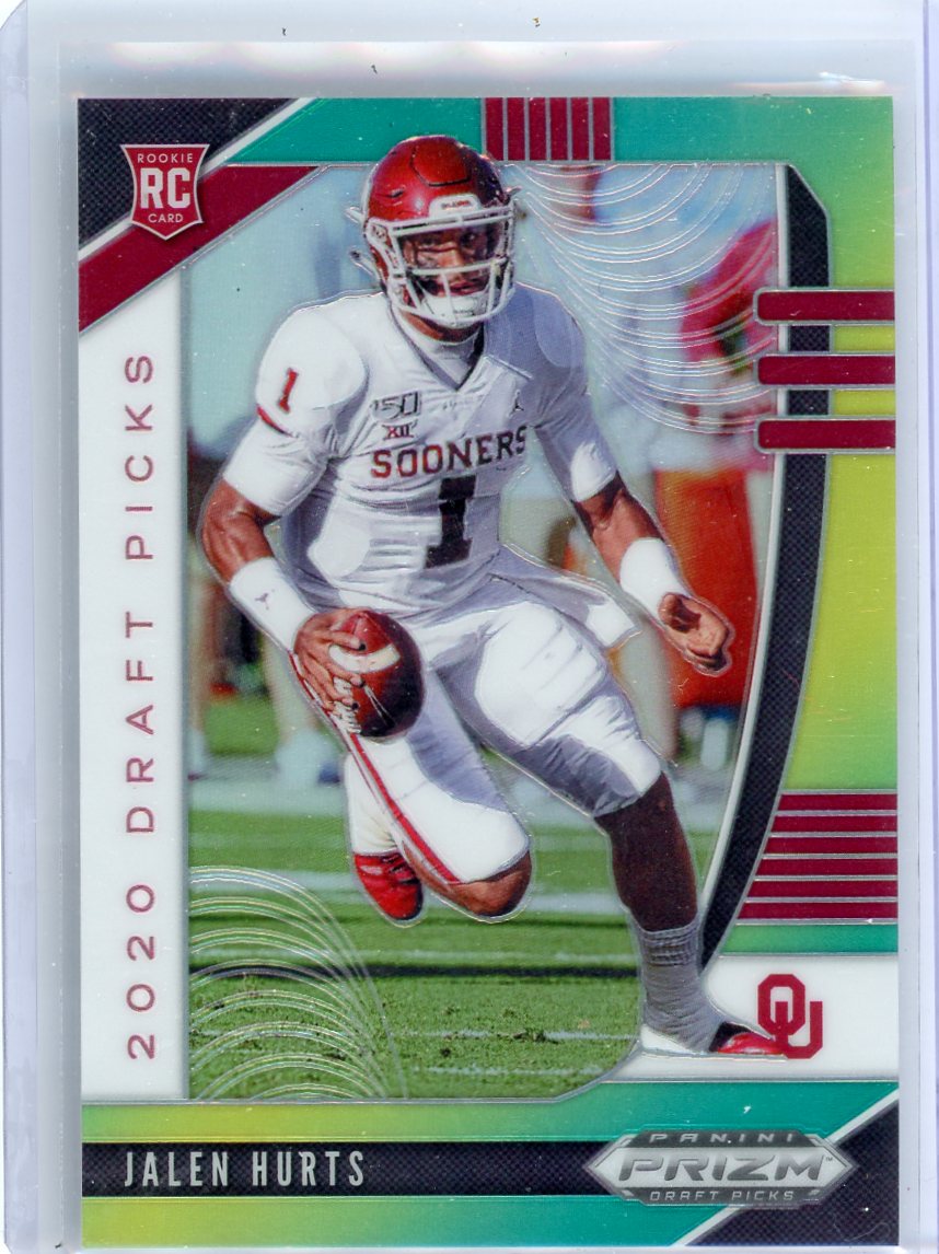 Jalen Hurts 2020 Panini Prizm Draft Picks green and yellow prizm rookie card #'d 218/249