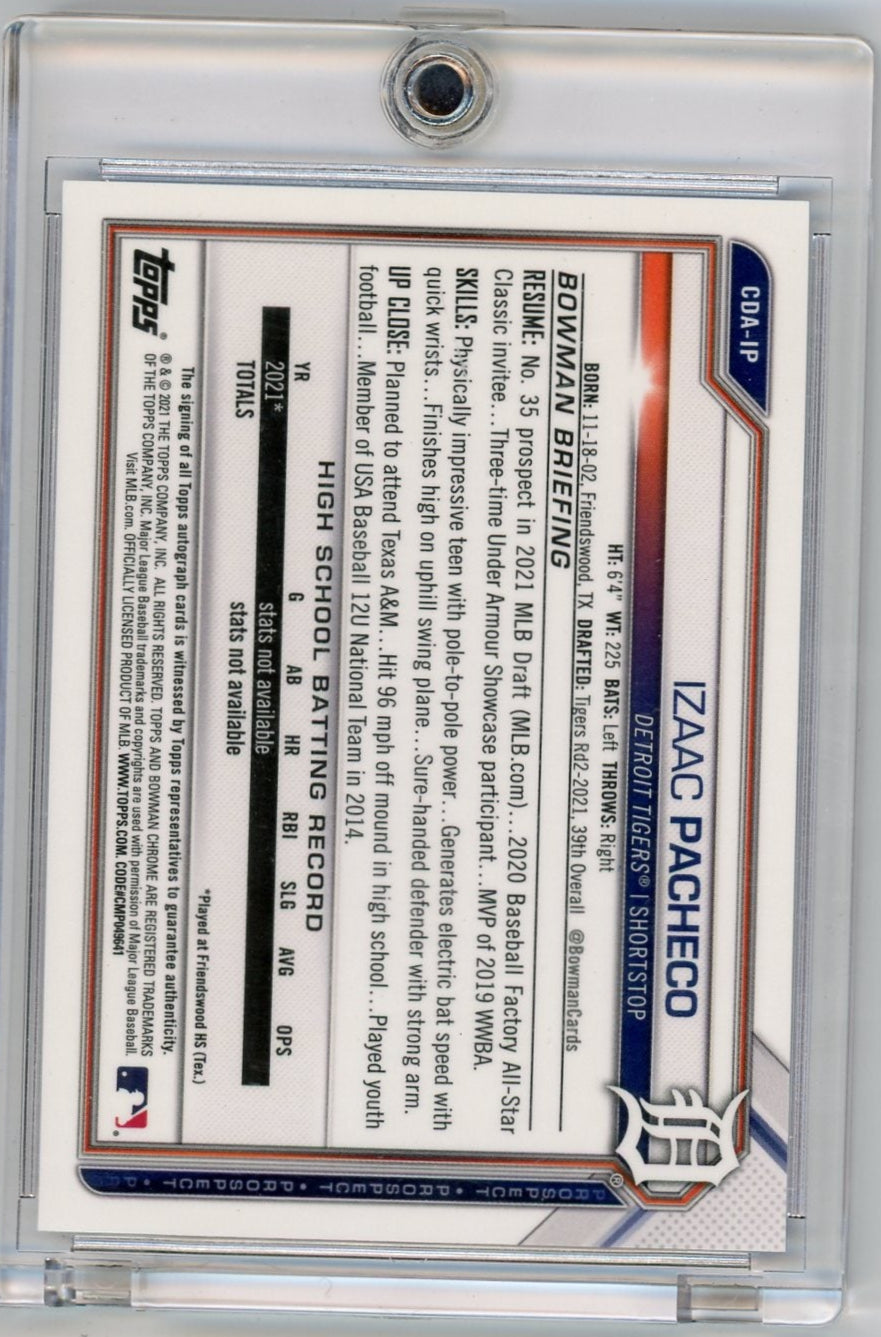 Izaac Pacheco 2021 1st Bowman Chrome autograph blue ref. #'d 052/150