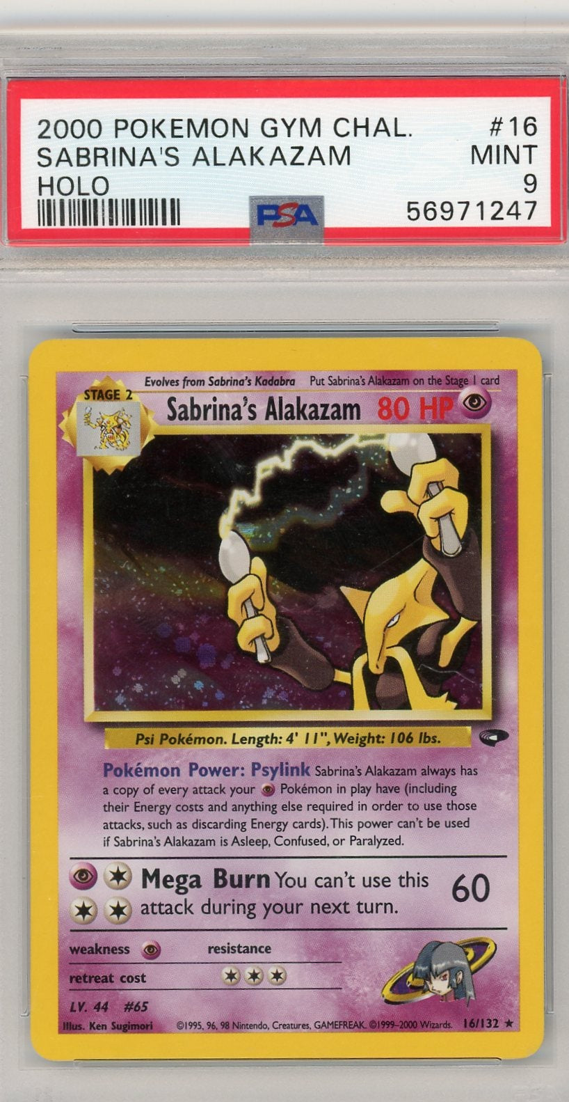 Sabrina's Alakazam Pokémon Gym Challenge Holo #16/132 PSA 9
