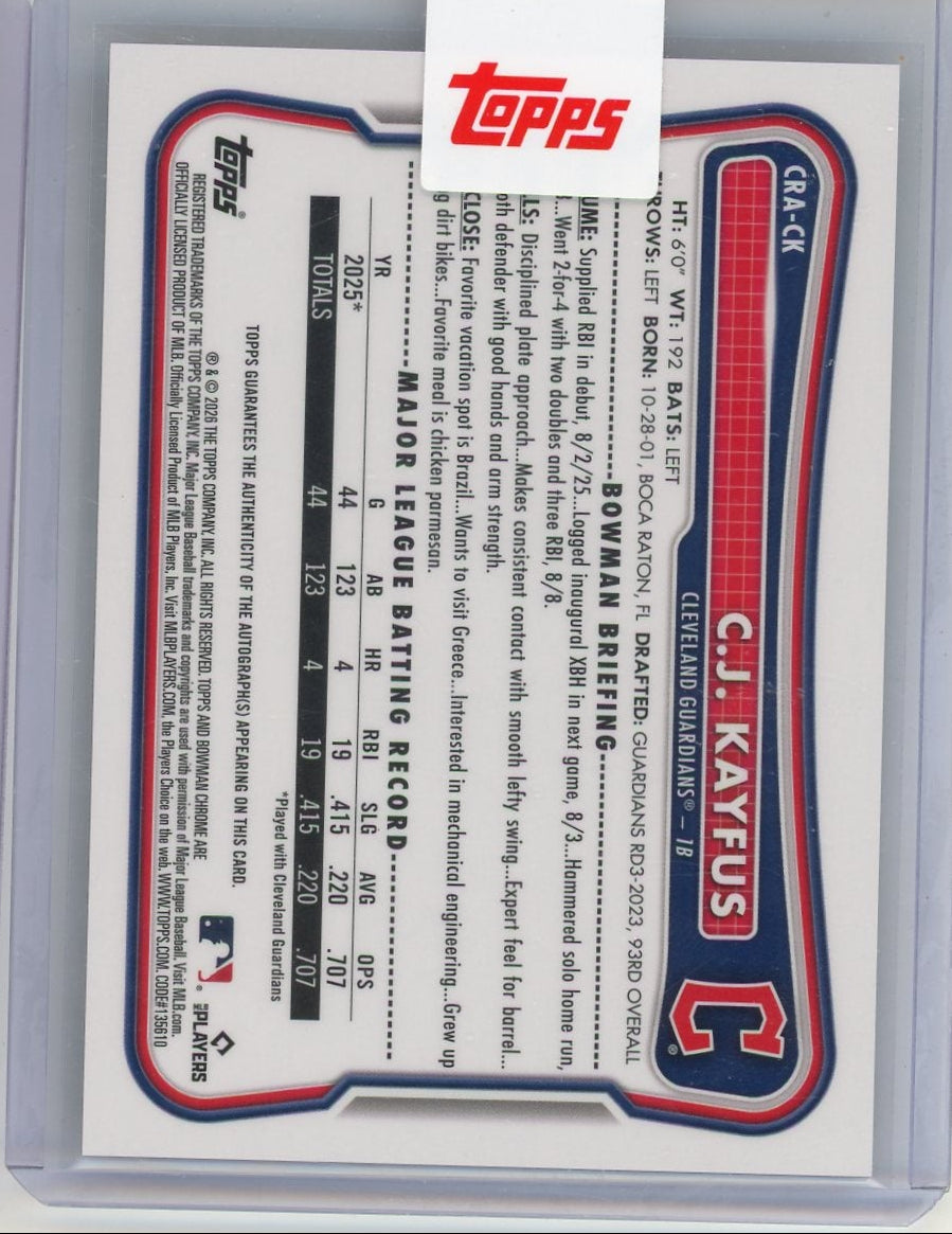 C.J. Kayfus 2026 Bowman Rookie Gold Autograph #'d 26/50