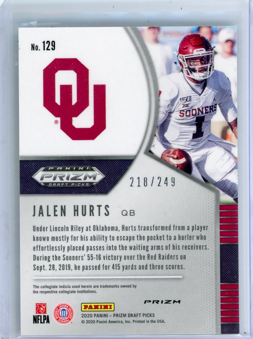 Jalen Hurts 2020 Panini Prizm Draft Picks green and yellow prizm rookie card #'d 218/249