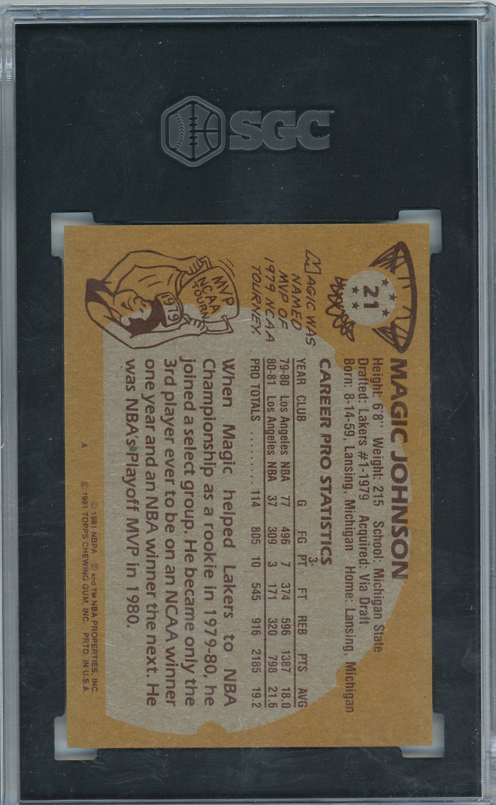Magic Johnson 1981-82 Topps #21 SGC 7