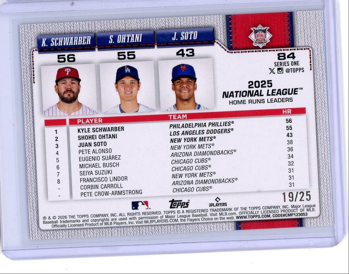 K.Schwarber / S. Ohtani / J. Soto 2026 Topps Series 1 National League Homerun Leaders Orange Foil #'d 19/25