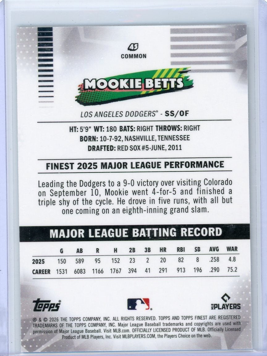 Mookie Betts Topps Finest Aqua Refractor #'d 174/199