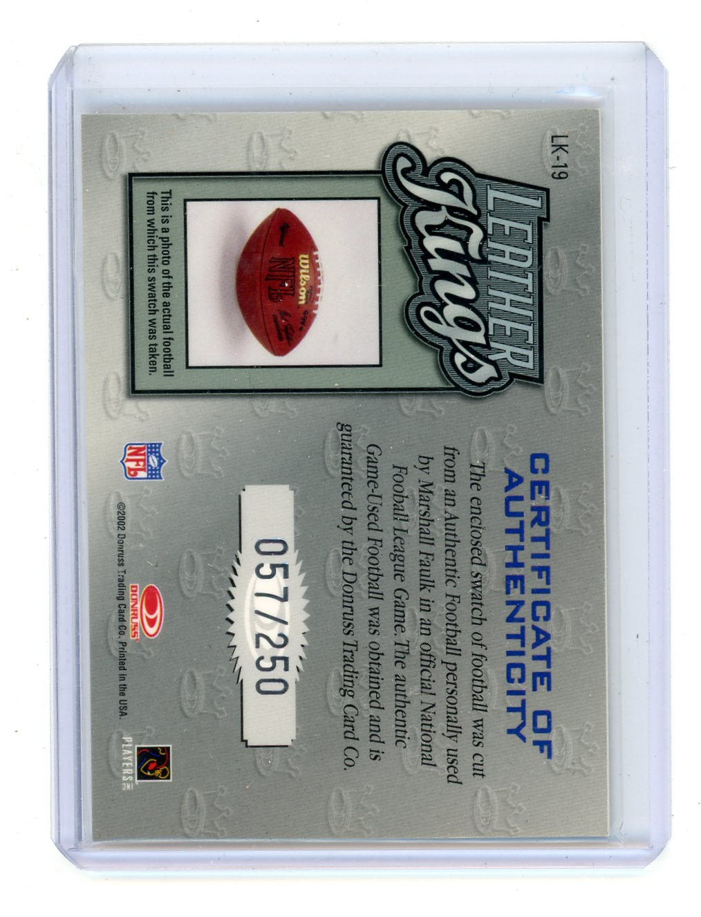 Marshall Faulk 2002 Donruss Leather Kings GU Football Relic #'d 057/250