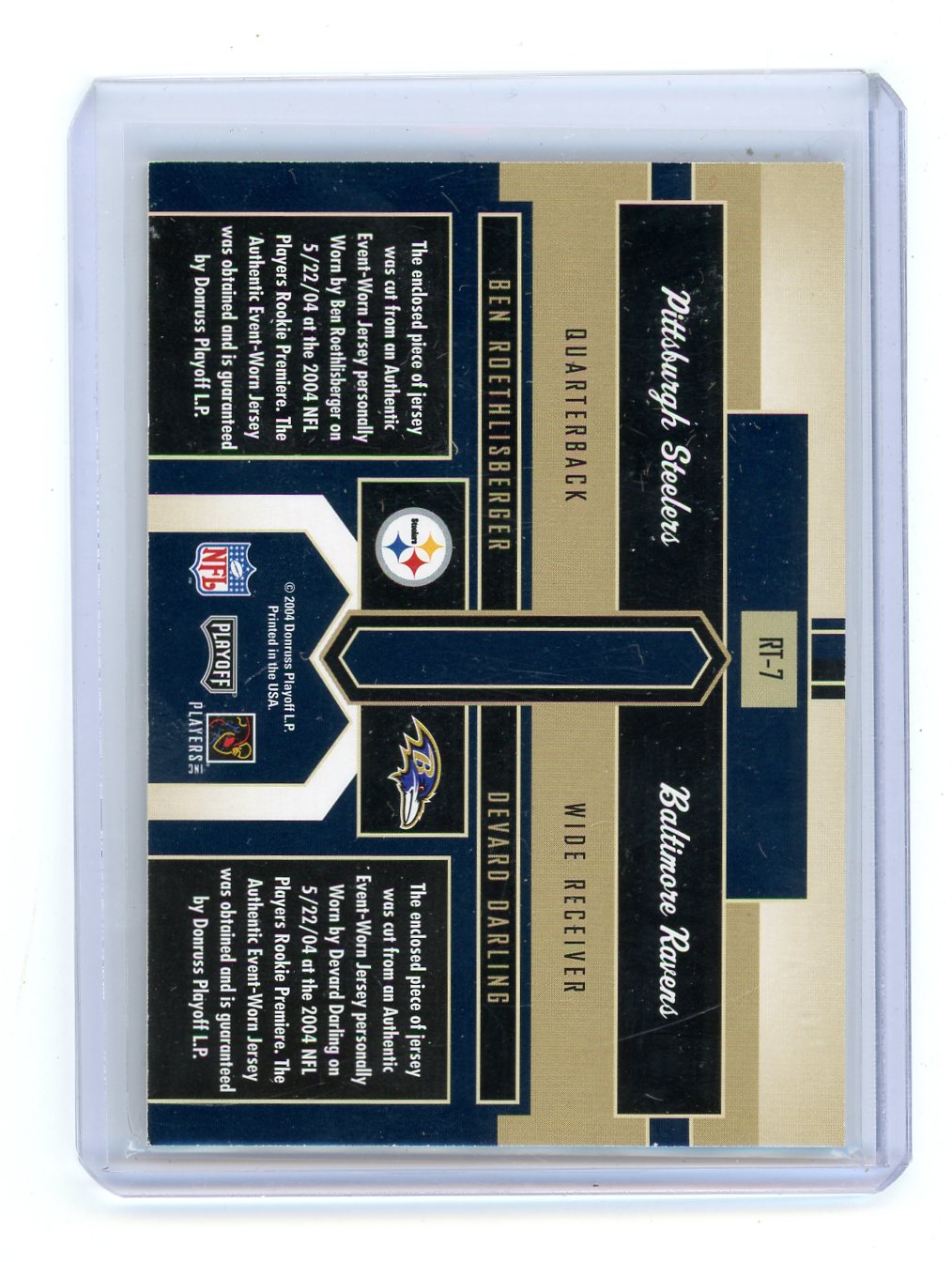 Ben Roethlisberger / Devard Darling 2004 Playoff Honors Rookie Tandems # RT-7