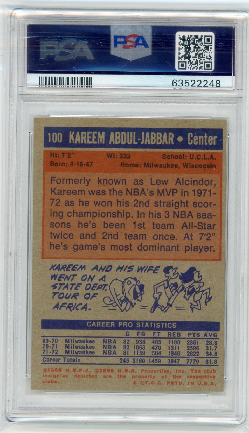 Kareem Abdul-Jabbar 1972 Topps #100 PSA 7