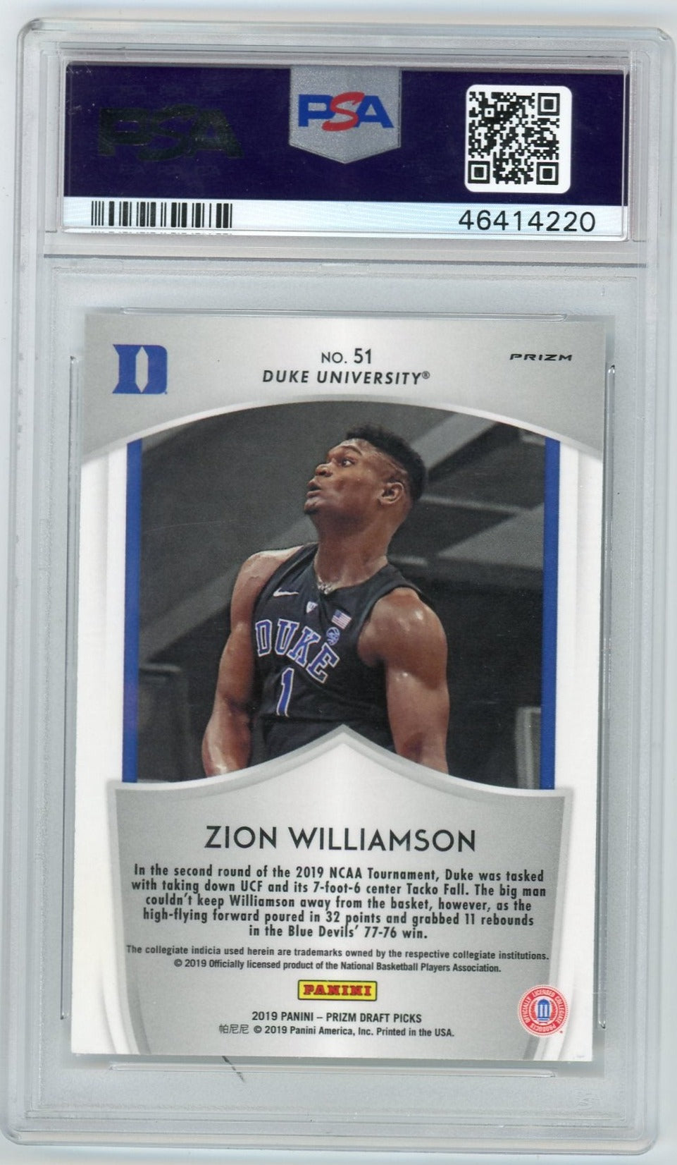 Zion Williamson 2019 Panini Prizm DP Silver Prizm Crusade RC PSA 10