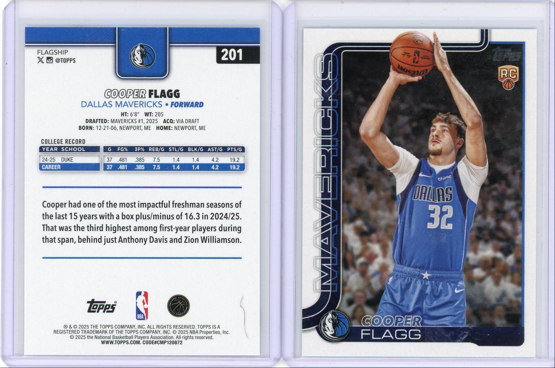 Cooper Flagg 2025-26 Topps rookie card #201