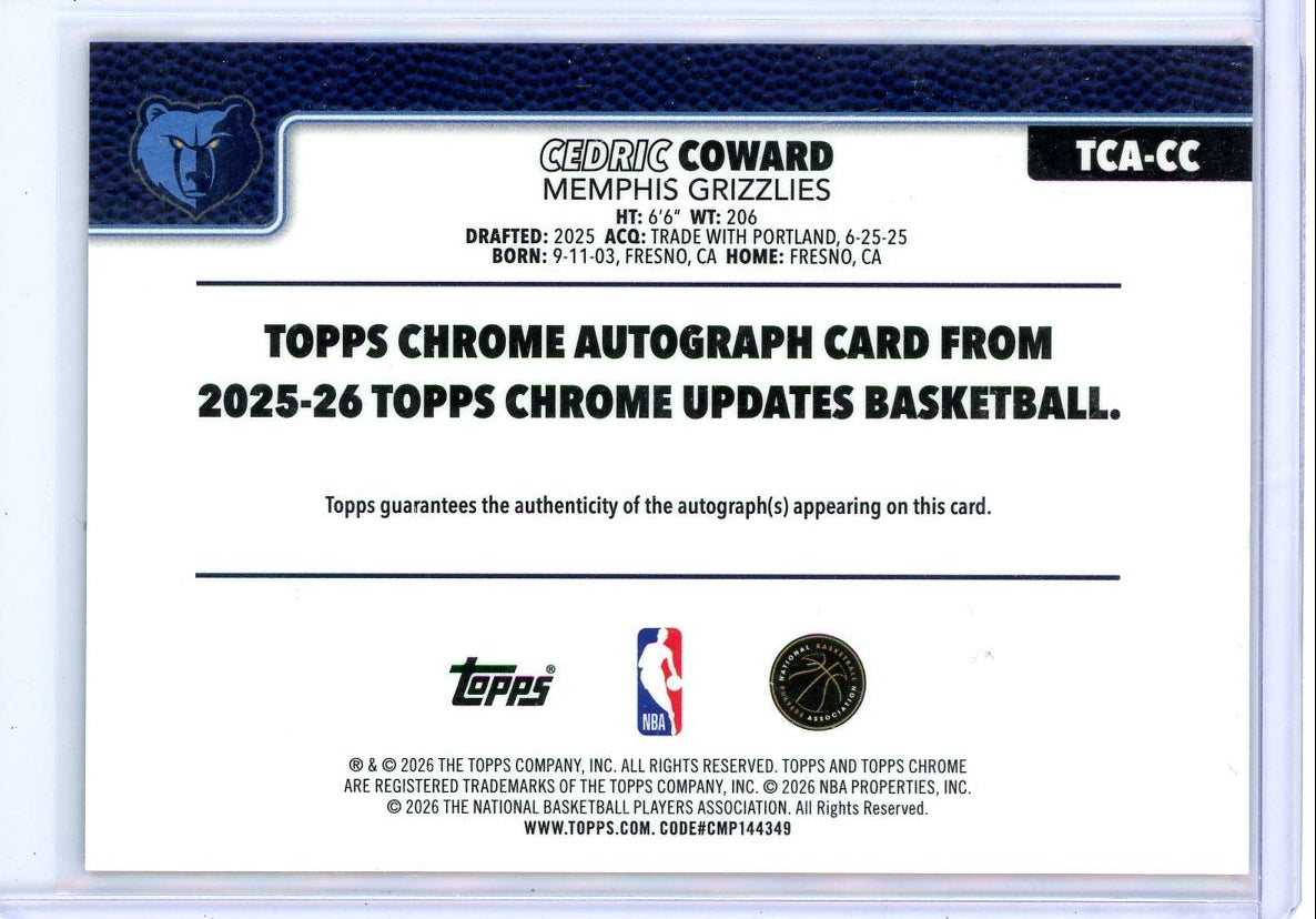 Cedric Coward 2025-26 Topps Chrome Update Rookie Autograph Black #'d 08/10