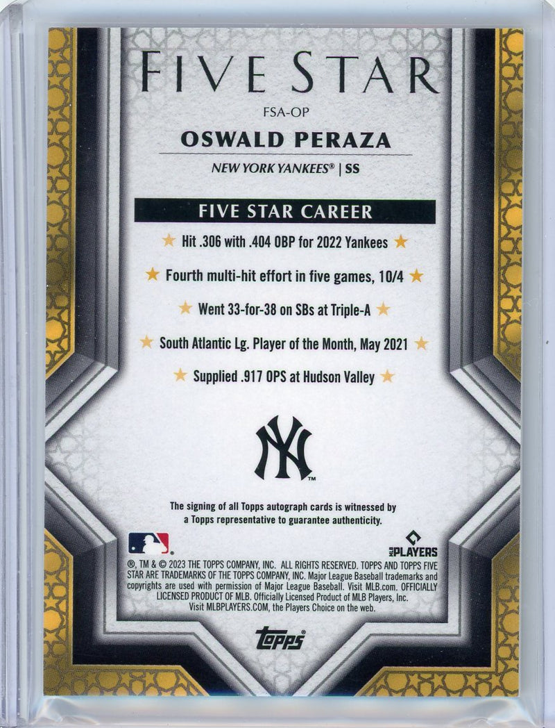 Oswald Peraza 2023 Topps Five Star purple autograph rookie card 