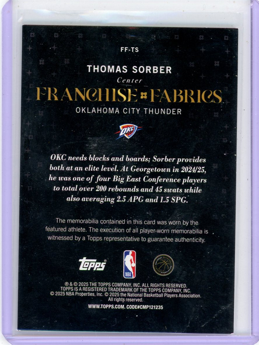 Thomas Sorber 2025 Topps Franchise Fabrics RC