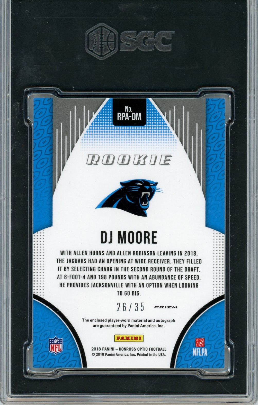 DJ Moore 2018 Panini Donruss Optic Rookie Patch Autograph Holo #26/35 SGC 9.5