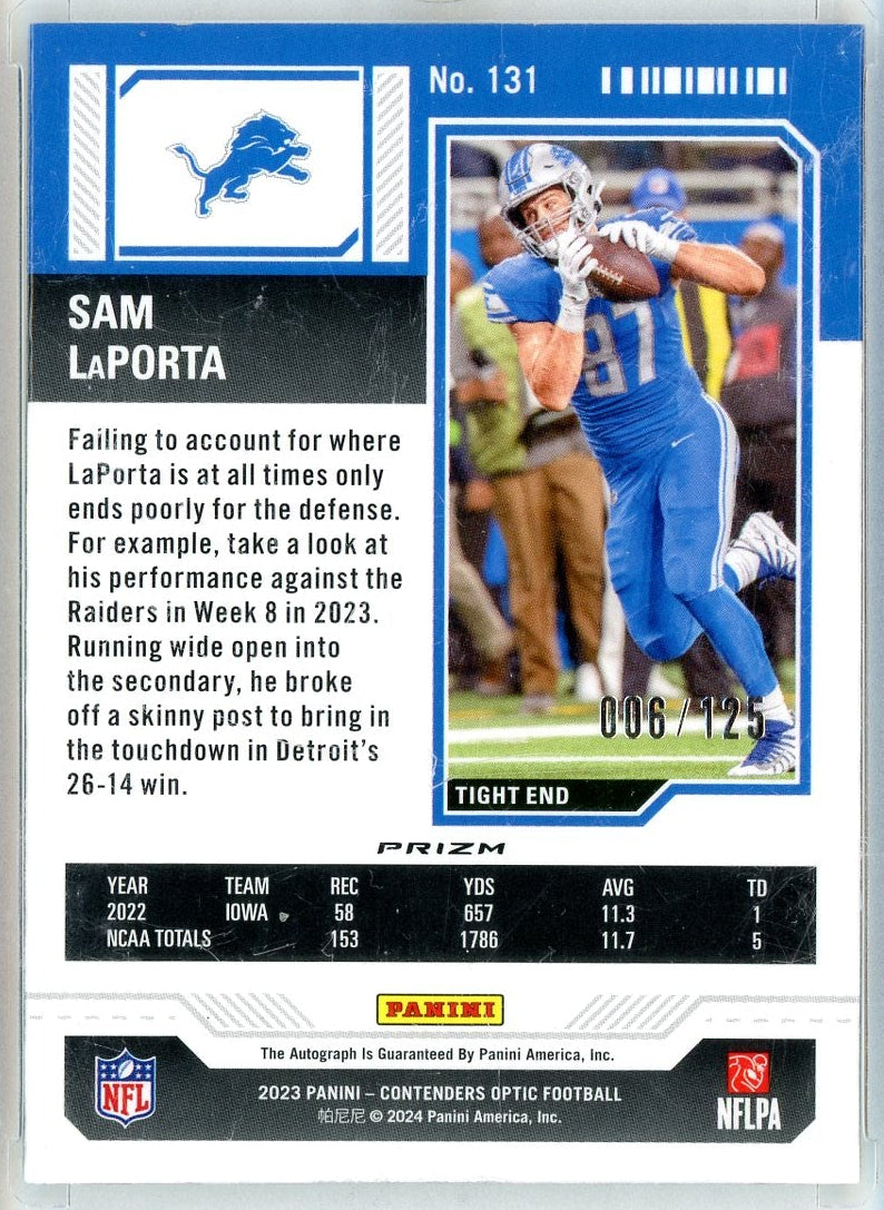 Sam LaPorta 2023 Panini Contenders Optic Rookie Autograph Red #'d 006/125