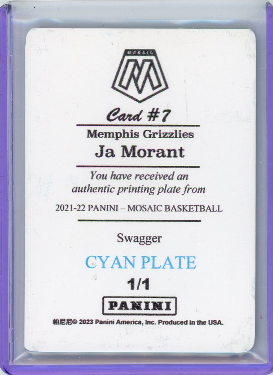 Ja Morant 2021-22 Panini Mosaic Swagger Cyan Printing Plate #'d 1/1