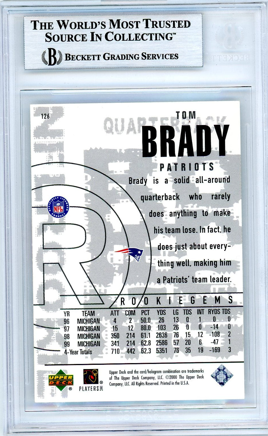 Tom Brady 2000 Upper Deck Black Diamond #126 BGS 8