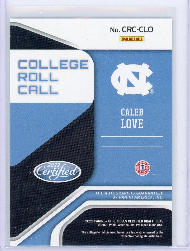 Caleb Love 2022 Panini Chronicles Draft Picks Certified College Roll Call autograph